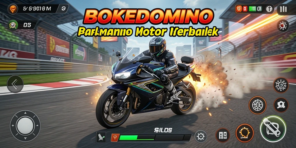Screenshot utama BOKEDOMINO menunjukkan balapan mendebarkan dengan motor yang cepat.