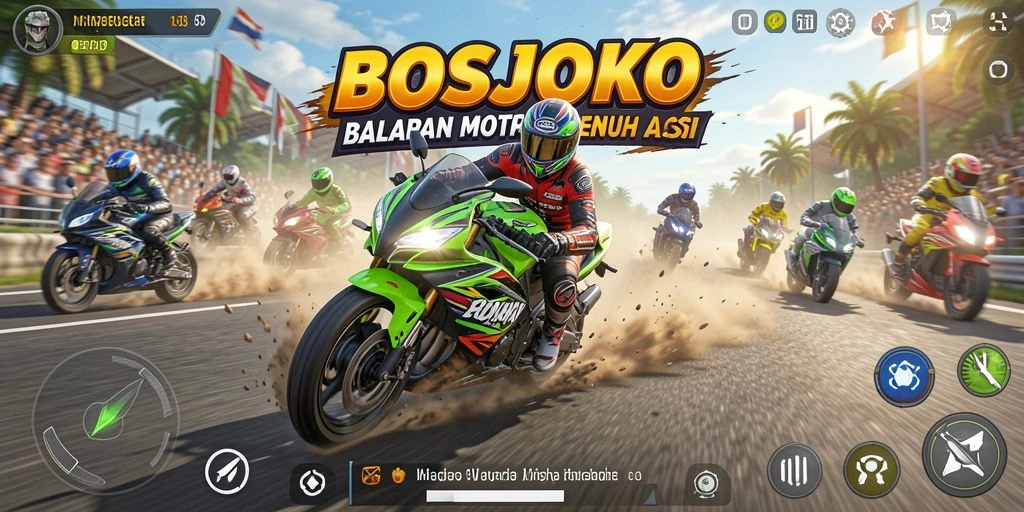 Screenshot gameplay BOSJOKO menampilkan momen balapan yang mendebarkan.