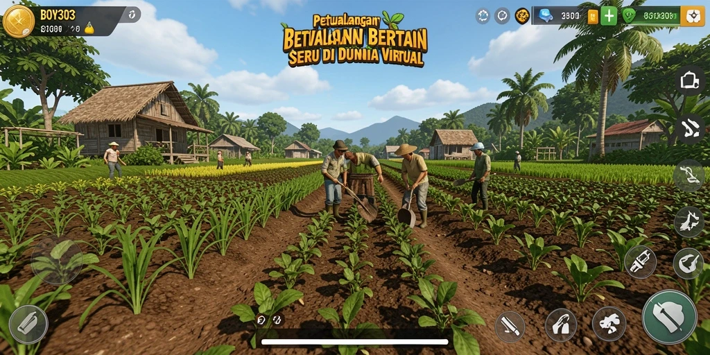 Screenshot gameplay BOY303 menampilkan kebun yang subur dan tanaman yang beraneka ragam.