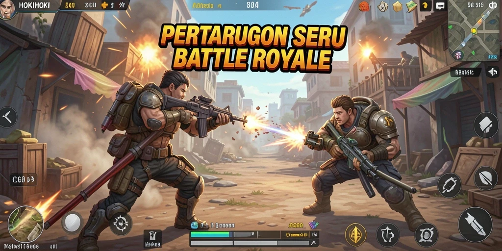 Tampilan gameplay HOKIHOKI dengan aksi Battle Royale yang intens.